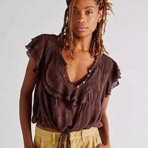 Free People Naya Top Chocolate Lava  Fp One Printed Ruffle Button Blouse NEW XS